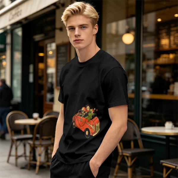 Olive T-Shirt with Skeleton and Friends in Christmas Car Print