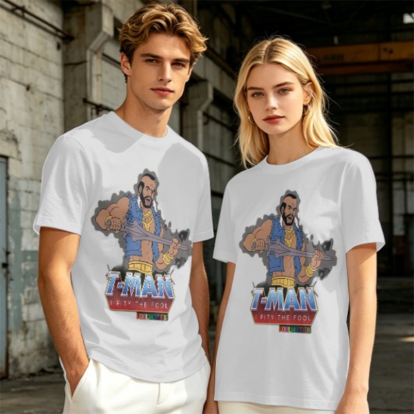 Olive T-shirt with T-Man He-Man parody graphic and 'I Pity The Fool' text