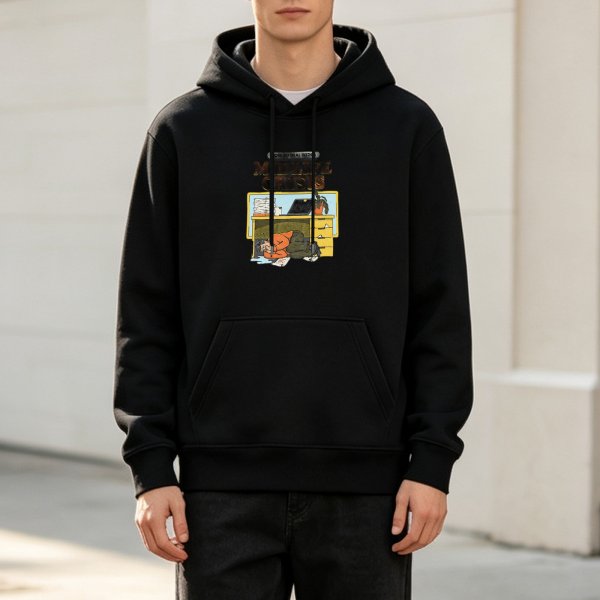 Black hoodie with office worker sleeping under desk graphic