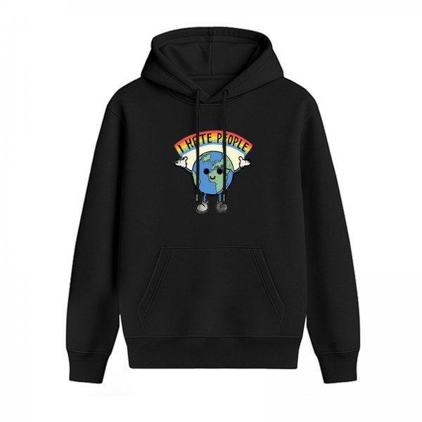 Black hoodie with cartoon earth graphic and 'I HATE PEOPLE' rainbow text