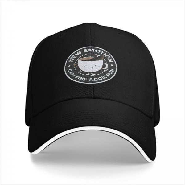 Black baseball cap with 'New Emotion Caffeine Addiction' coffee cup graphic