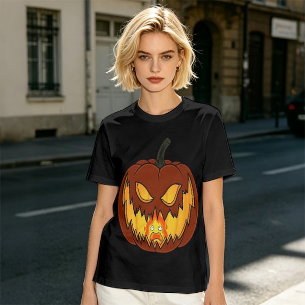 Olive Green T-Shirt With Scary Jack O' Lantern Pumpkin Print