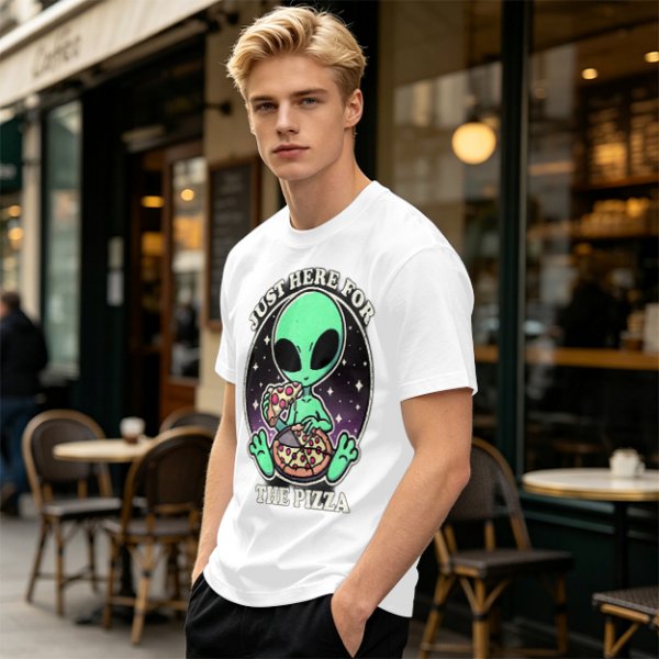 Olive green t-shirt with alien eating pizza text Just Here For The Pizza