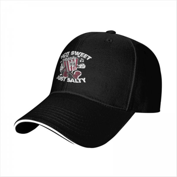 Black baseball cap with 'Not Sweet Just Salty' dancing popcorn graphic
