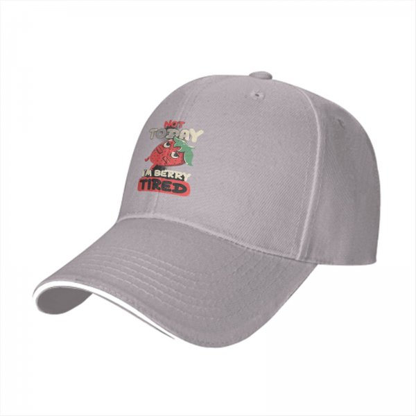 Black baseball cap with 'Not Today I'm Berry Tired' strawberry graphic