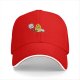 Black baseball cap with cartoon burning character and worried companion graphic