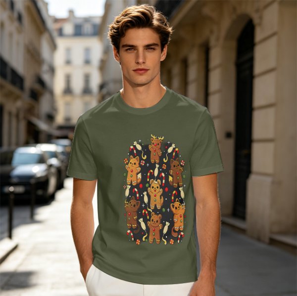 Olive T-Shirt With Cute Gingerbread Animal Christmas Print