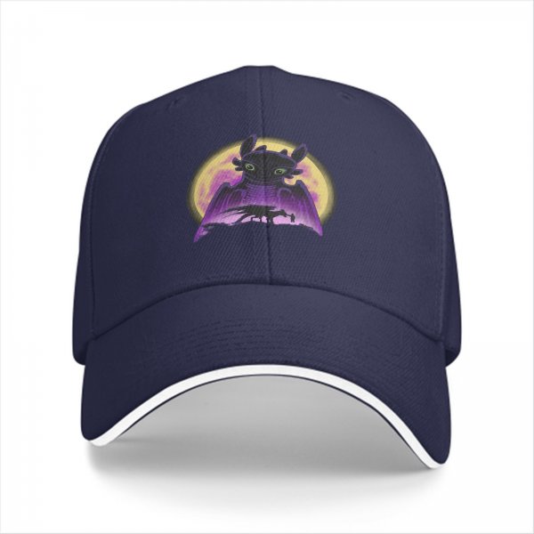 Black baseball cap with Toothless dragon and moon graphic
