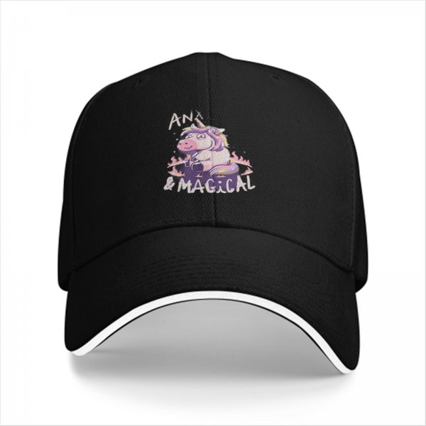 Black baseball cap with anxious unicorn and magical text design