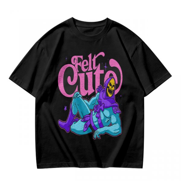 Olive t-shirt with 'Felt Cute' Skeletor graphic print
