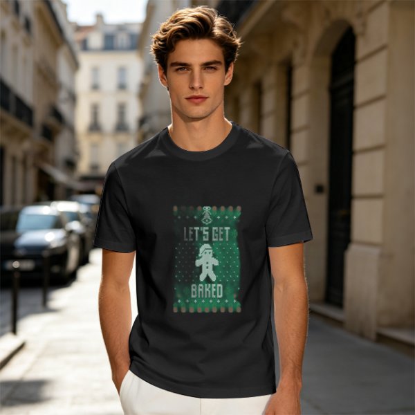 Olive Christmas T-Shirt With 'Let's Get Baked' Gingerbread Man Print