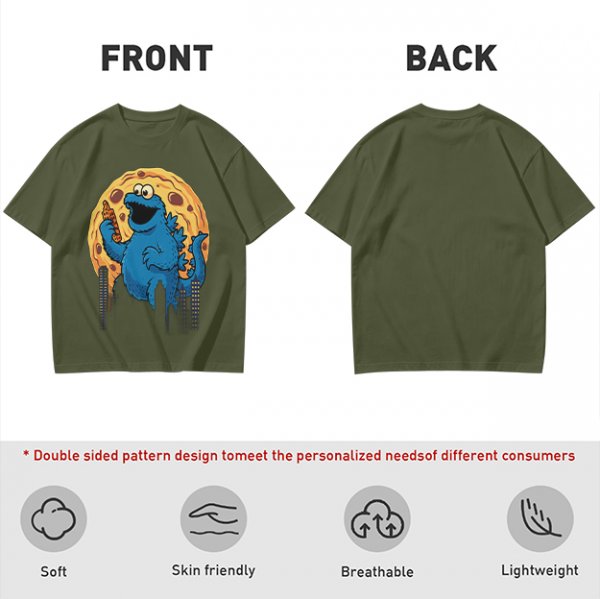 Olive T-Shirt Featuring Giant Cookie Monster Holding Cookie Against Moon