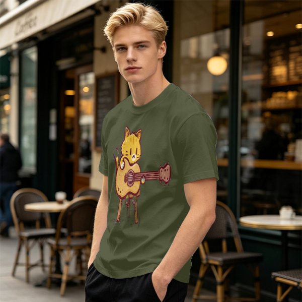 Olive T-shirt with Cute Orange Cat Playing Guitar Graphic