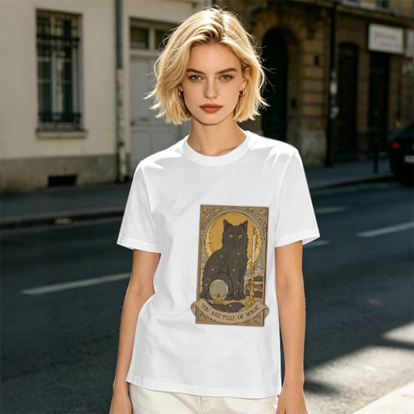 Olive T-Shirt With Black Cat Tarot Card Art That Says You Are Full Of Magic
