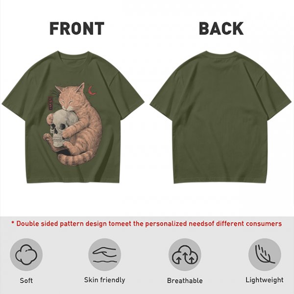 Olive T-Shirt Featuring a Ginger Cat Hugging a Skull