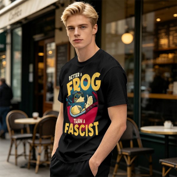 Olive graphic t-shirt with 'Better a Frog Than a Fascist' pilot frog design