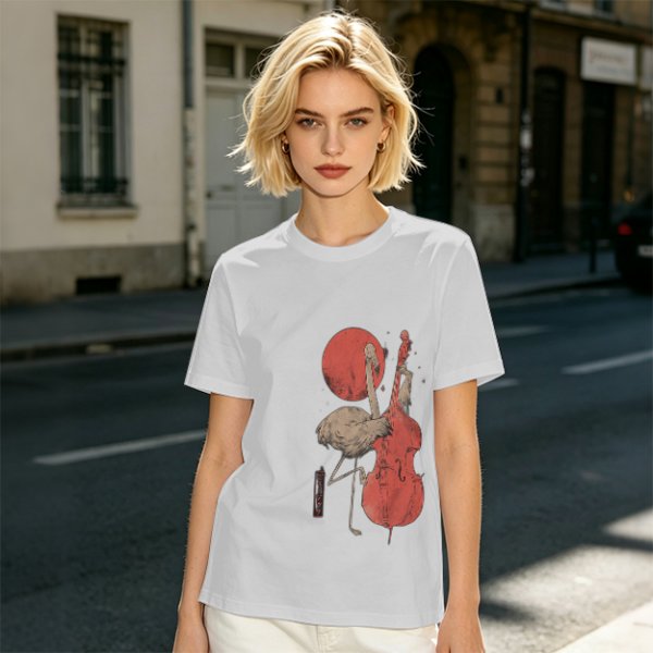 Olive T-Shirt With Crane Playing Cello Red Moon Art Print