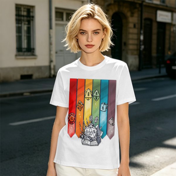 Dungeons and Dragons Polyhedral Dice Rainbow Graphic T-Shirt