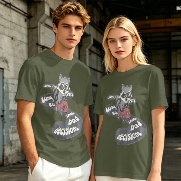 Olive graphic tee with raccoon driving car and 'Way to make bad decisions' text