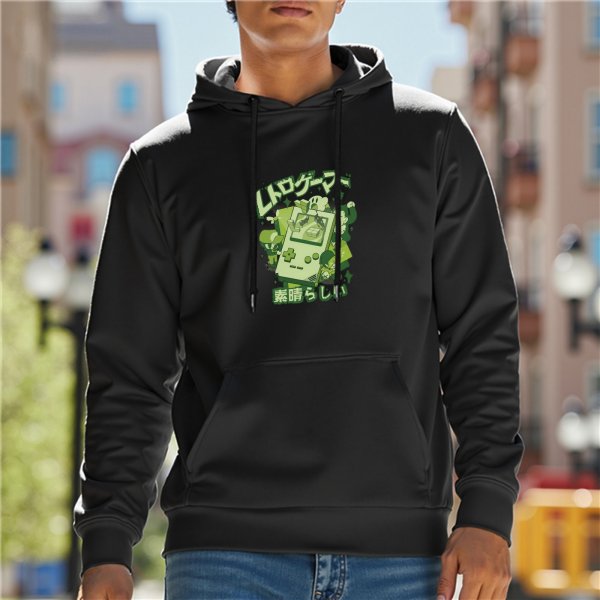 Black Hoodie with Retro Handheld Game Console and Japanese Graphic Print