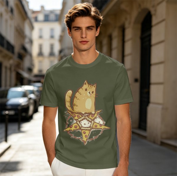 Olive T-Shirt With Cat Sitting On Pizza Pentagram Artwork