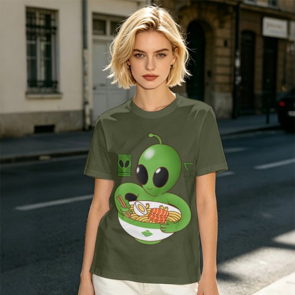 Olive Green T-Shirt With Cute Alien Eating Ramen Graphic