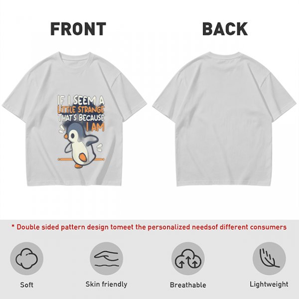Olive t-shirt with 'If I seem a little strange that's because I am' penguin print
