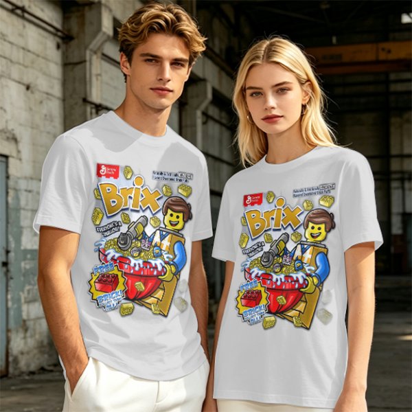 Olive t-shirt with Lego-style Brix cereal graphic print