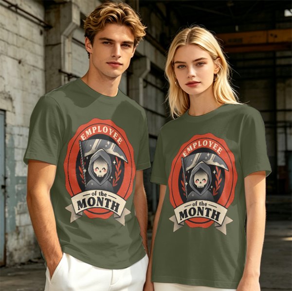 Olive T-Shirt with Cute Grim Reaper Employee of the Month Print