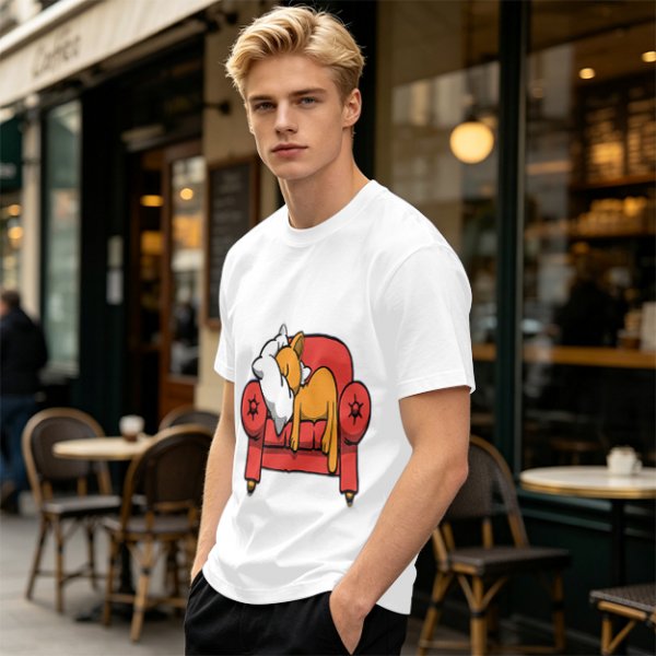 Olive green t-shirt with a sleeping orange cat on a red armchair print