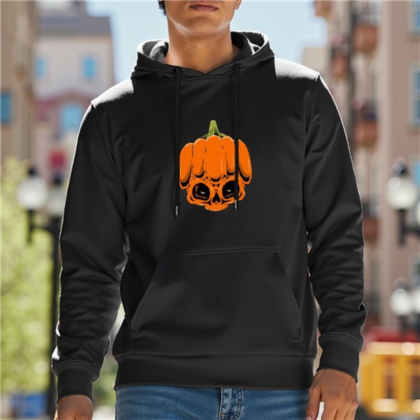 Black Hoodie With Spooky Pumpkin Skull Halloween Graphic