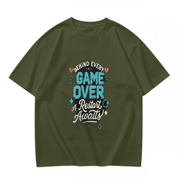 Olive t-shirt with 'Behind Every Game Over A Restart Awaits' gaming print