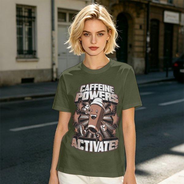 Caffeine Powers Activate! Cartoon Coffee T-Shirt Design