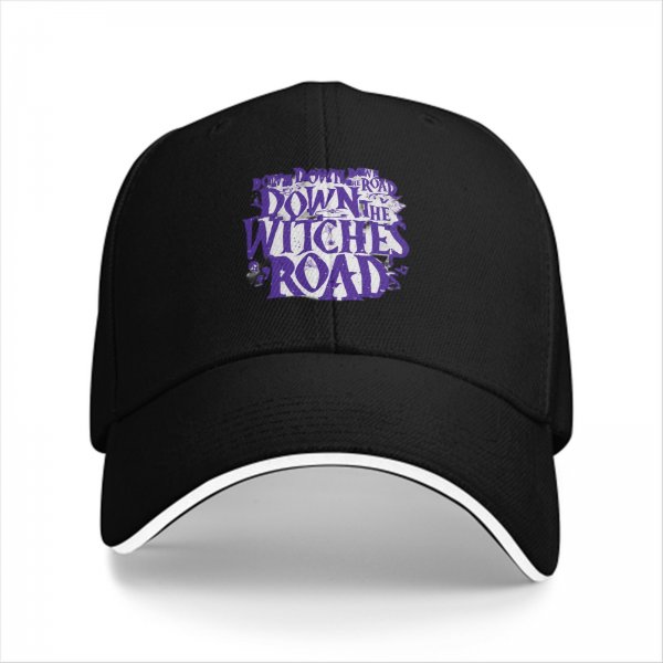 Black baseball cap with 'Down the Witches Road' Halloween themed print