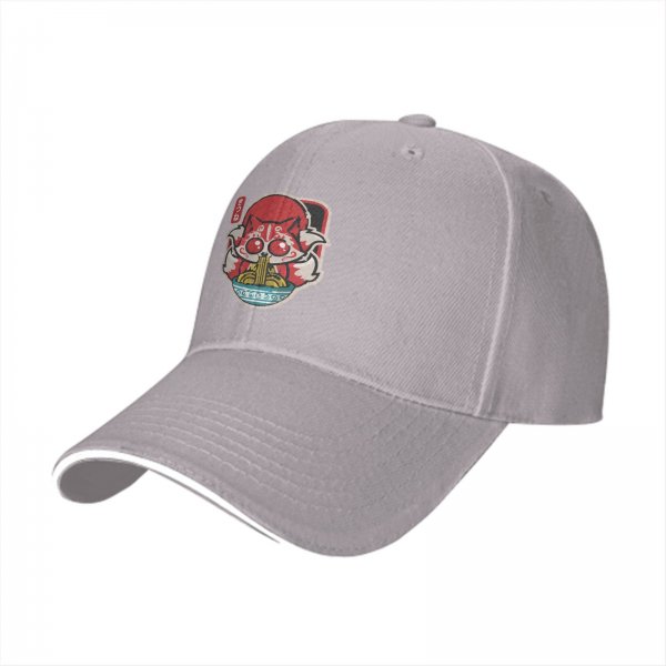 Black baseball cap with cute kitsune fox eating ramen graphic
