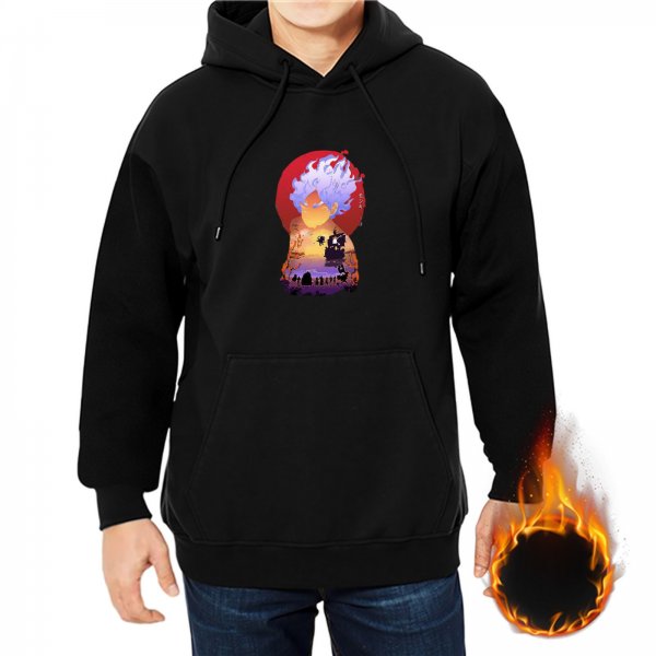 Black hoodie with anime character sunset landscape graphic