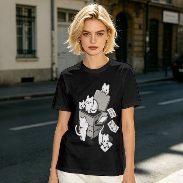Olive T-Shirt With Playful Cats Emerging From Printer Graphic