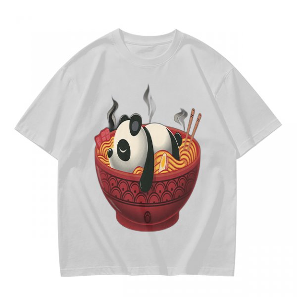 Olive green t-shirt with a panda relaxing in a steaming ramen bowl print