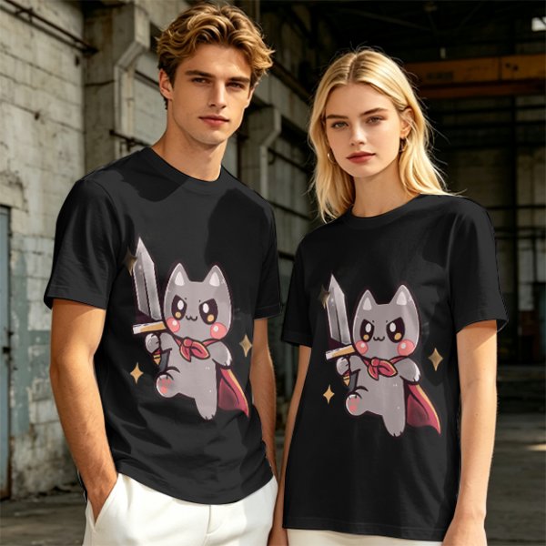 Olive T-shirt with cute warrior cat holding a sword graphic