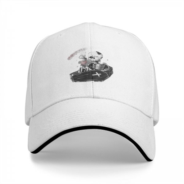 Black baseball cap with skeleton in coffin graphic