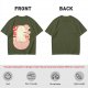 Olive t-shirt with a cartoon dinosaur in a ramen bowl graphic