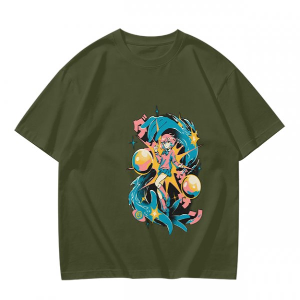 Olive anime graphic t-shirt with vibrant fantasy character art