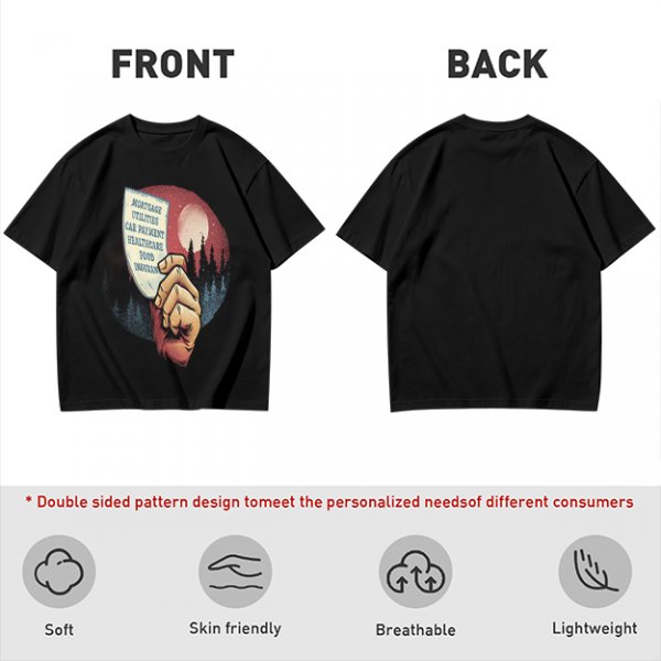 Olive T-Shirt With Hand Holding Bill Of Monthly Expenses Art