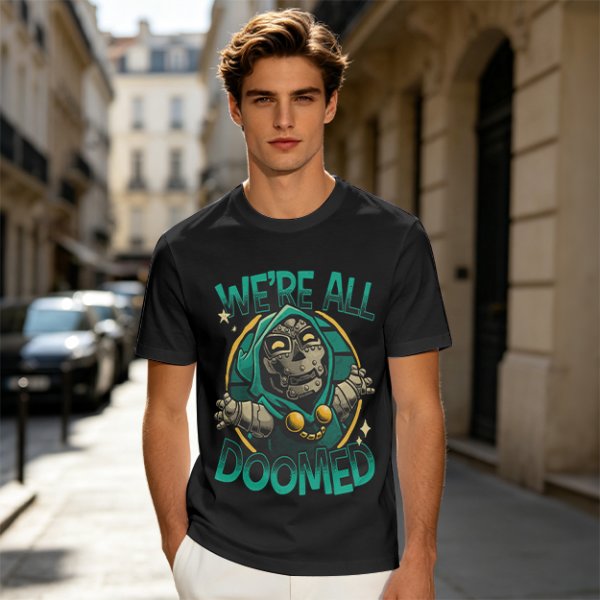 Olive T-Shirt Featuring 'We're All Doomed' and Doom Character Art