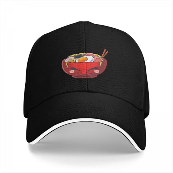 Black Baseball Cap With Cute Angry Ramen Bowl Graphic