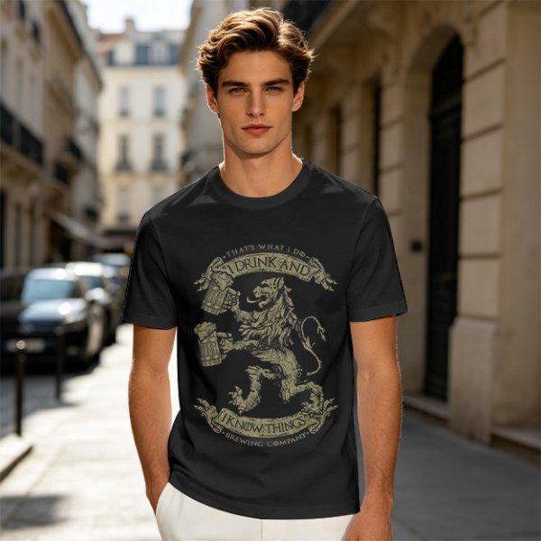 Olive T-shirt with 'I Drink And I Know Things' Lion Beer Graphic