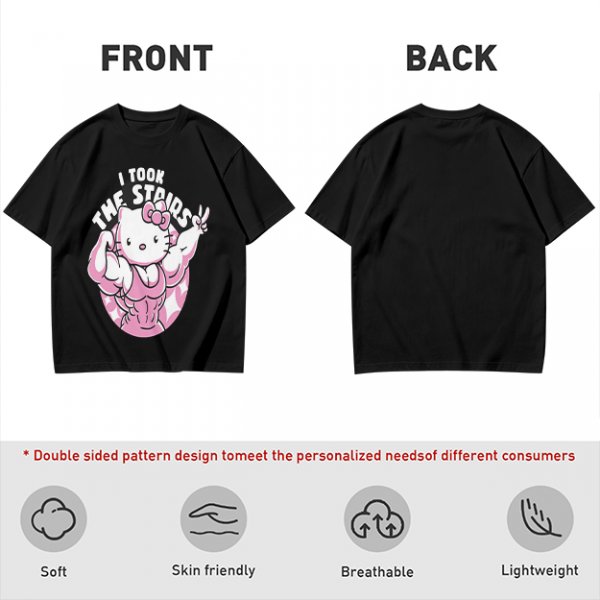 Olive t-shirt with muscular Hello Kitty graphic and 'I Took The Stairs' text