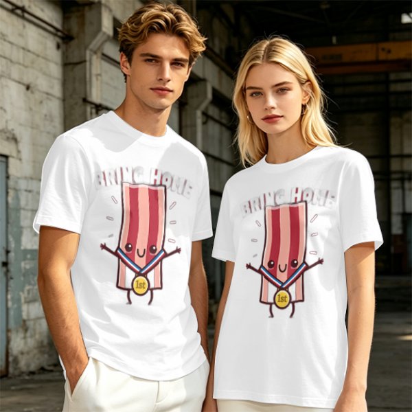 Olive T-Shirt With Cartoon Bacon Champion Medal Print