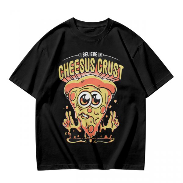 Olive t-shirt with 'I Believe In Cheesus Crust' pizza graphic