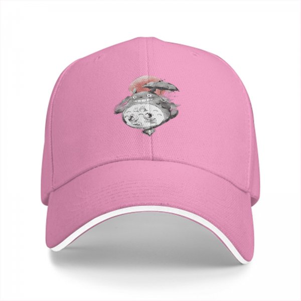 Black baseball cap with Totoro holding umbrella and red sun graphic